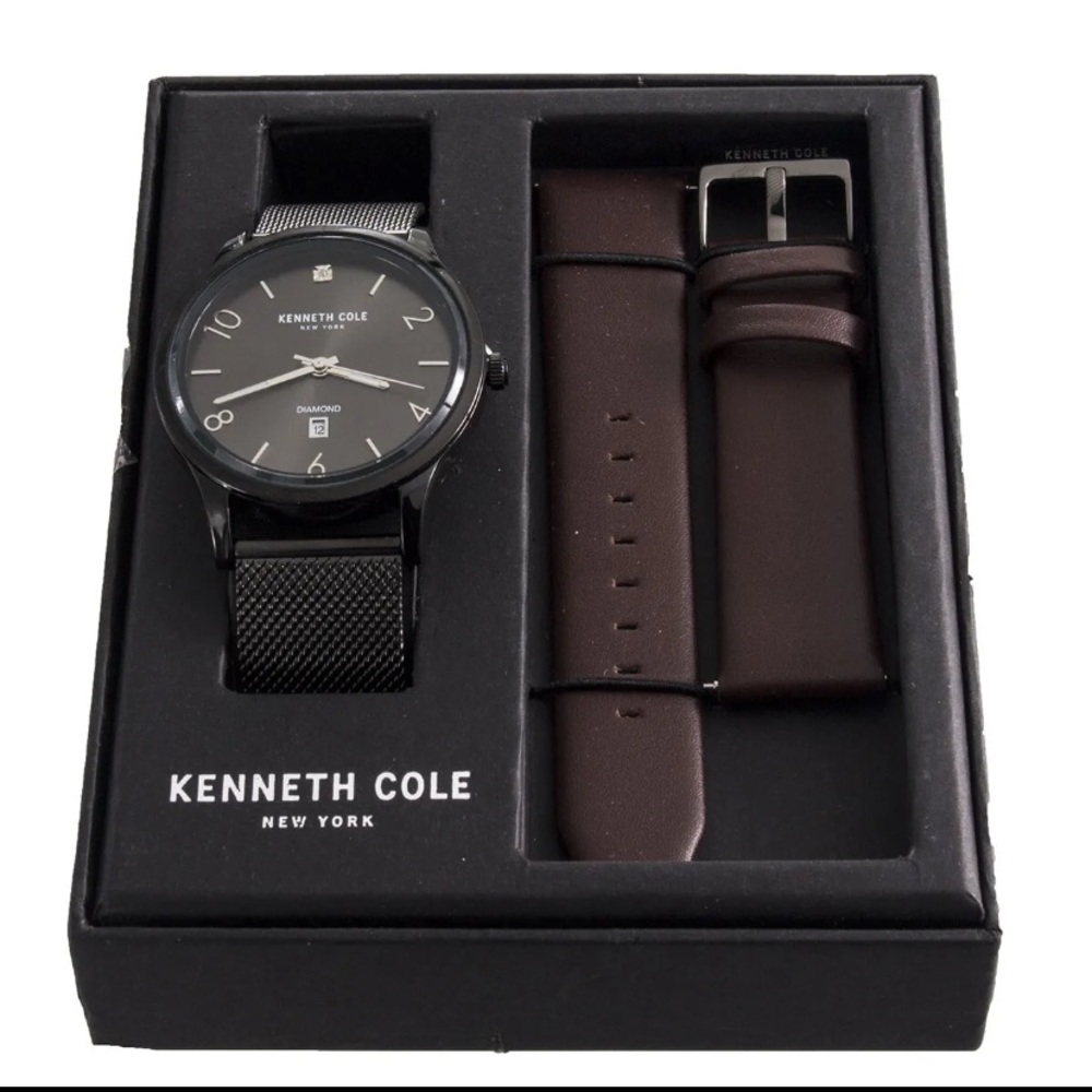 Kenneth Cole New York Charcoal Dial Black Mesh Brown Leather Band Watch Set